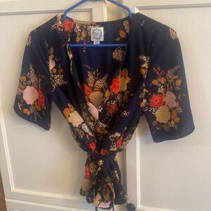 Blue Rain Woman’s Floral Top XXS Floral Faux Wrap Peplum Style with Tie